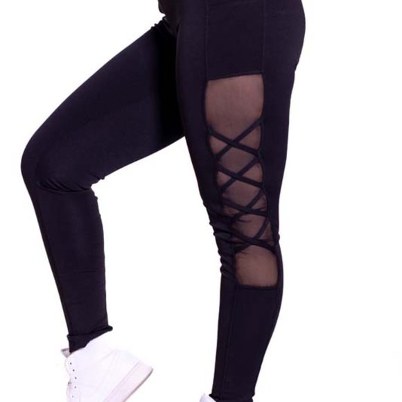 High-Waisted & Criss Cross Mash Panel Gym and Yoga Leggings with Side Pockets - Picture 1 of 7
